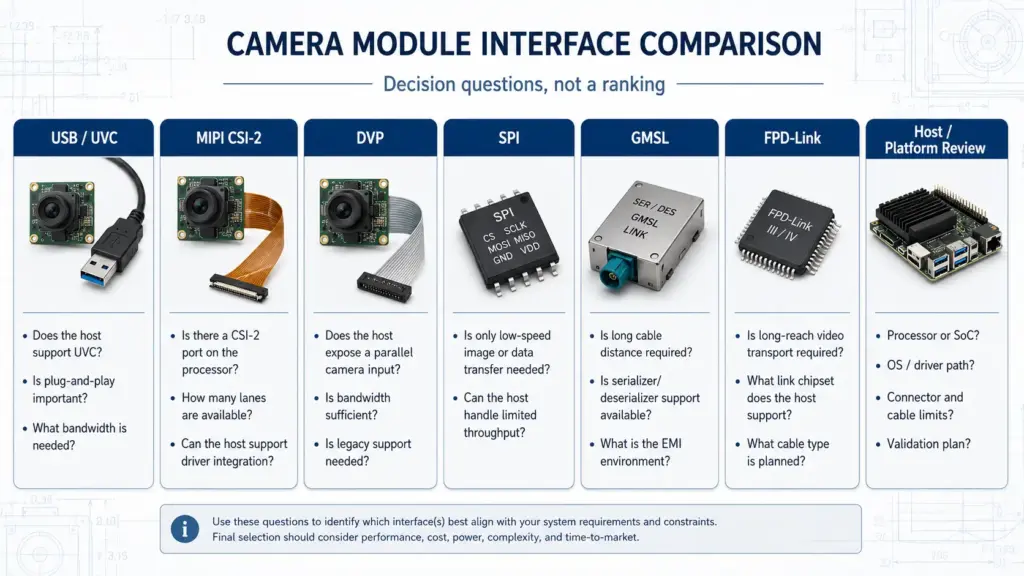 Diagram comparing USB, MIPI, GMSL, FPD-Link, SPI, and DVP as camera module interface discussion points.