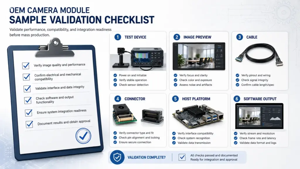 Full HD Camera Module OEM Processing: RFQ Inputs, Custom Review, and Sample Validation 3 Checklist for testing camera module sample fit, image output, host recognition, cable, connector, and software behavior