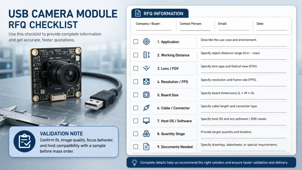 RFQ checklist for application, working distance, FOV, board size, cable, host, quantity, and documents