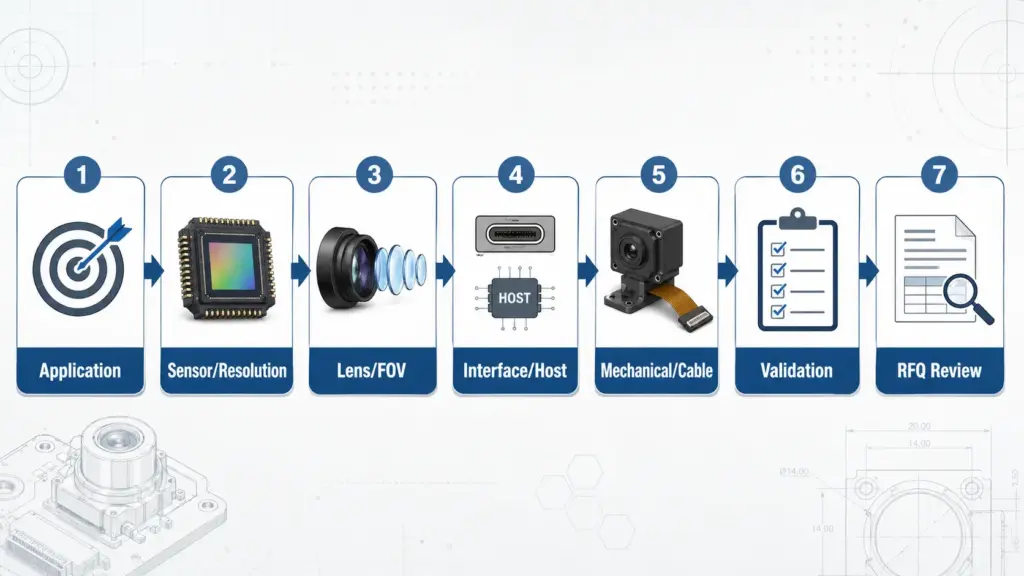 Flowchart showing custom camera module design inputs from application requirements to validation and RFQ.