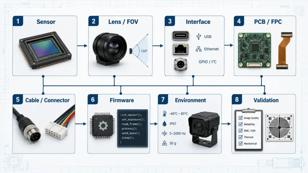 Matrix showing how sensor, lens, interface, PCB size, cable, firmware, and environment affect custom camera module design.