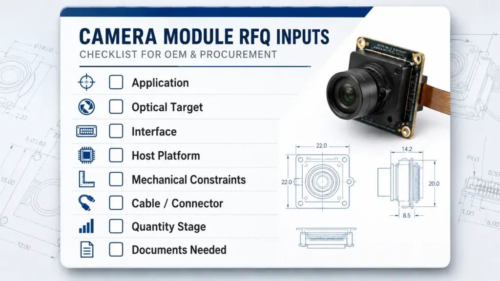 Checklist of application, optical, interface, mechanical, platform, quantity, and document inputs for a custom camera module RFQ.