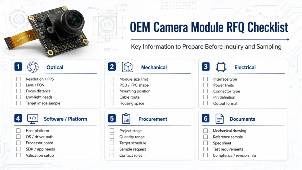 Checklist for preparing application, lighting, image target, resolution, lens, size, interface, platform, quantity, drawings, and document requirements.