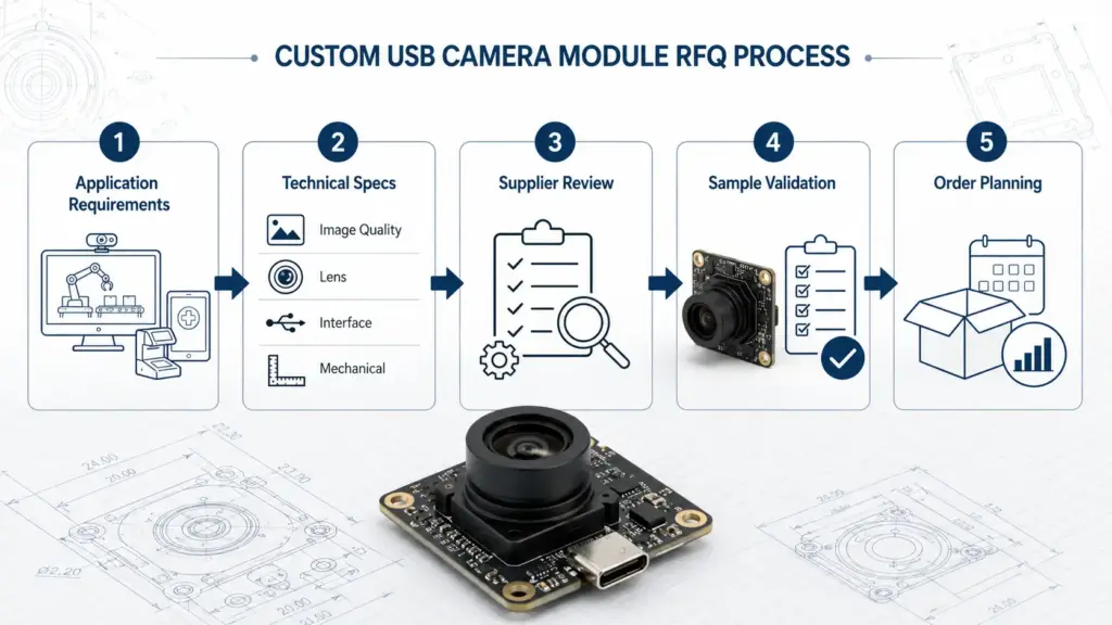 
Workflow showing application requirements, USB camera module specs, supplier review, sample validation, and production planning