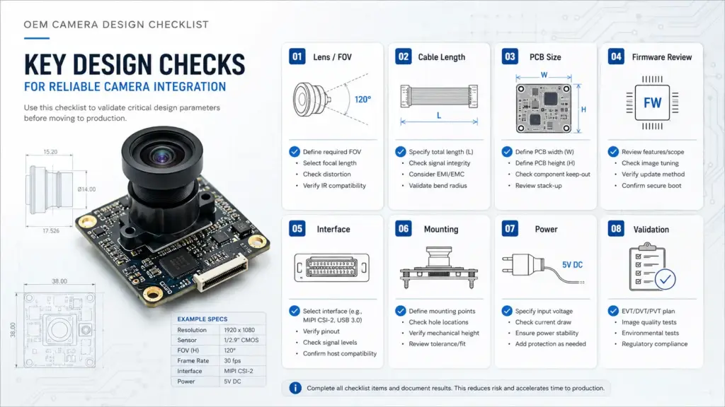 Matrix of lens, FOV, PCB, cable, connector, firmware, and mechanical review areas
