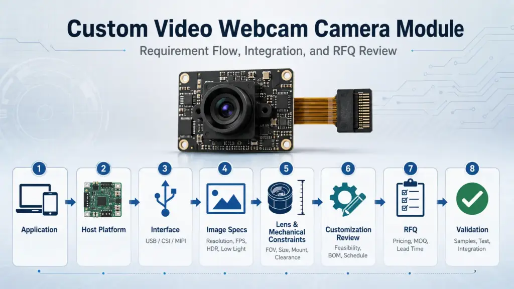 Custom Video Webcam Camera Module: Specs, Integration, and RFQ Checklist 1
Flow diagram showing application, host platform, interface, specs, customization review, RFQ, and validation steps for a custom webcam camera module.