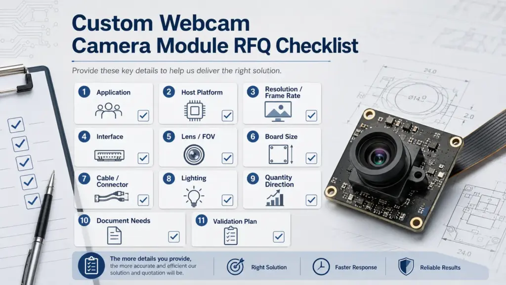Custom Video Webcam Camera Module: Specs, Integration, and RFQ Checklist 3
Checklist of details to prepare before requesting a custom video webcam camera module quote.