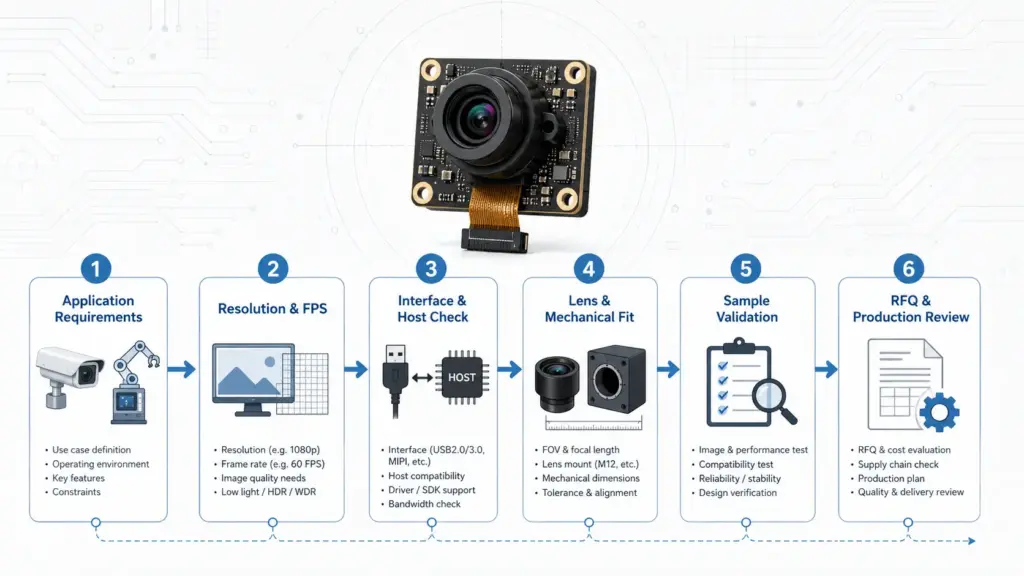 Custom High-Resolution USB Camera Module: Specs, Integration, and RFQ Checklist 1
Diagram showing application, resolution, FPS, USB interface, lens, mechanics, validation, and RFQ steps