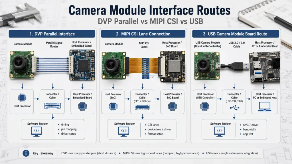 Comparison diagram of DVP, MIPI, and USB camera module routes for GC2145-based projects