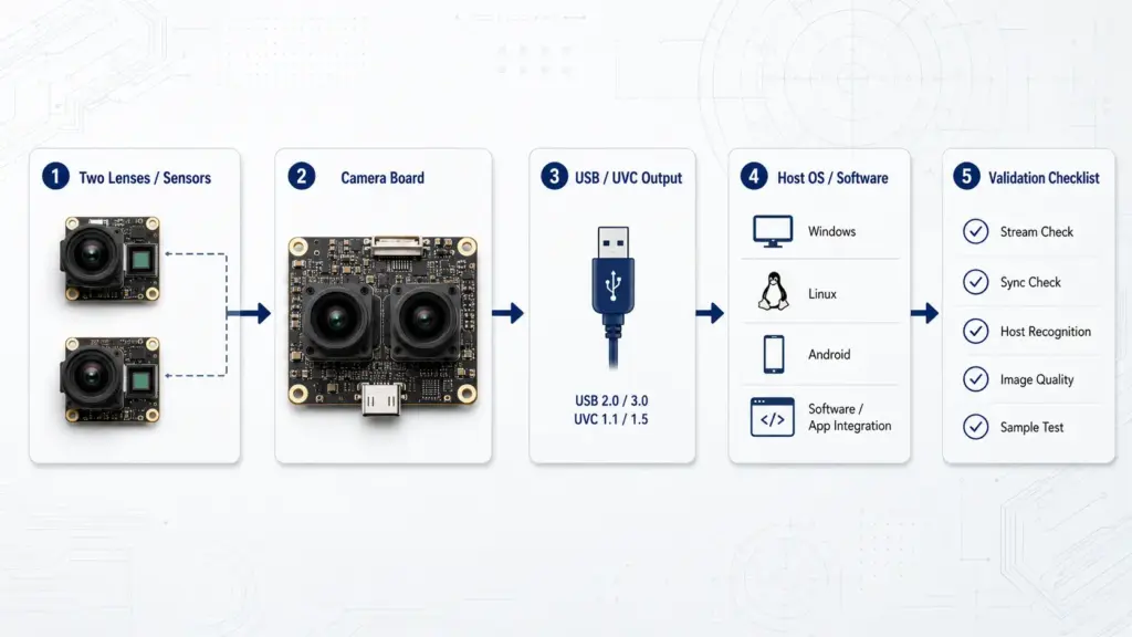 Custom HD Dual Lens USB Camera Module: Selection, Integration, and RFQ Checklist 2 Workflow for checking dual lens synchronization and host compatibility