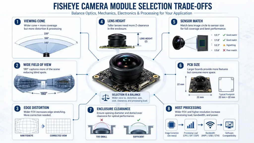 OEM Fisheye Video Camera Module Processing: RFQ and Selection Guide 2
Fisheye camera module selection trade-offs including FOV distortion lens sensor and mechanical limits