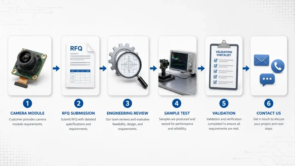 Full HD Camera Module OEM Processing: RFQ Inputs, Custom Review, and Sample Validation 1 Diagram showing RFQ, feasibility review, sample validation, and project review steps