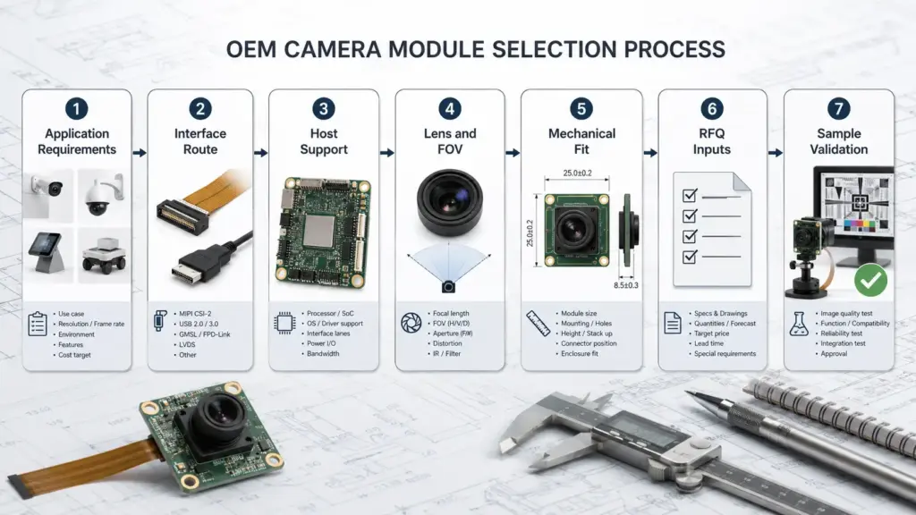 
Flowchart showing application, interface, host support, optics, mechanics, RFQ, and sample validation steps for a GC2145 OEM camera module project