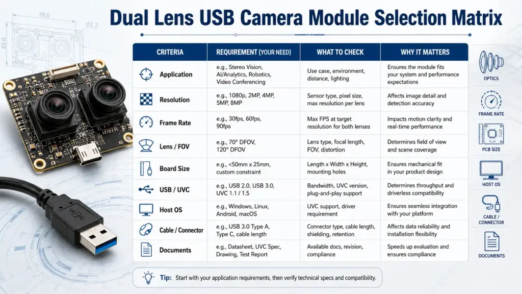 Custom HD Dual Lens USB Camera Module: Selection, Integration, and RFQ Checklist 1 Selection matrix for comparing HD dual lens USB camera module specs before RFQ