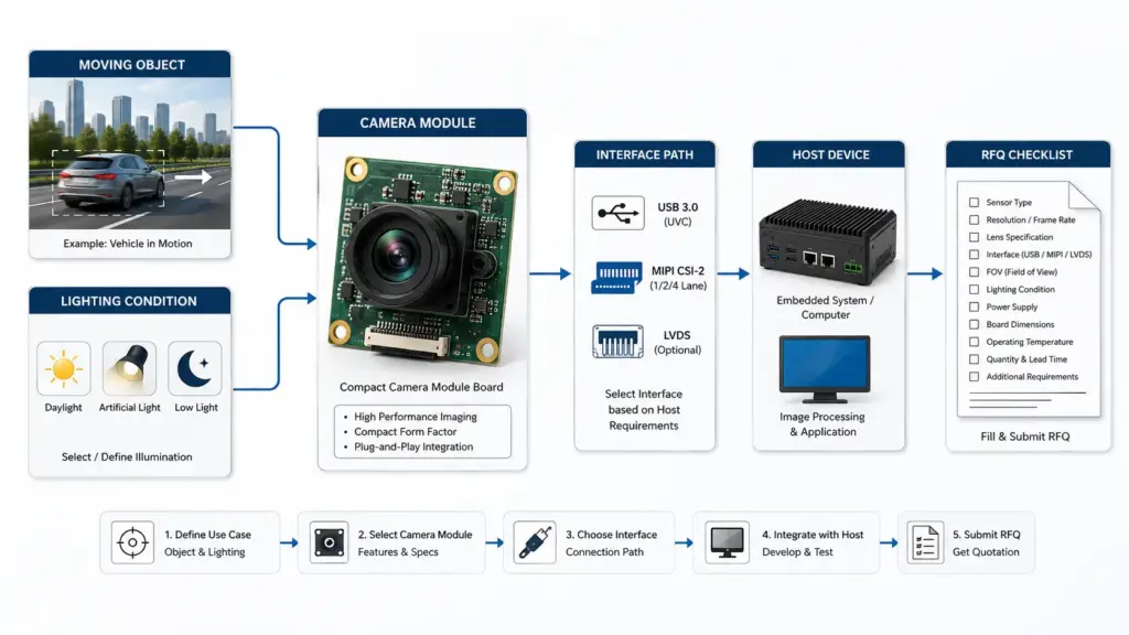 Mini Camera Module for Motion Video: Manufacturer Selection and RFQ Checklist 1 Flowchart for selecting a mini camera module for motion video based on movement, shutter, lighting, interface, and validation needs