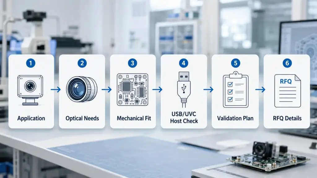 Mini USB Camera Module OEM Processing: RFQ and Integration Checklist 1
Flowchart showing application, host platform, optical, mechanical, USB/UVC, validation, and RFQ details for mini USB camera module OEM review.