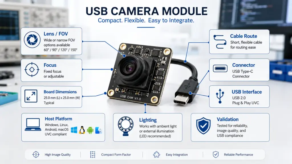 Mini USB Camera Module OEM Processing: RFQ and Integration Checklist 2
Technical diagram showing key selection factors for a mini USB camera module, including resolution, frame rate, lens, board size, cable, connector, host system, and validation.