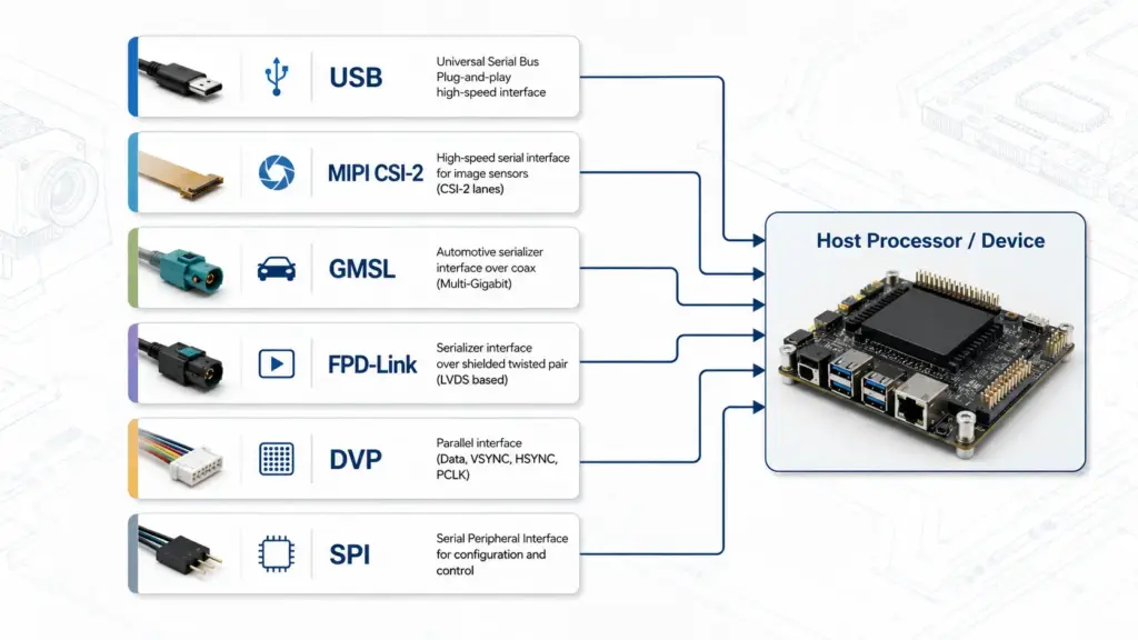 Diagram comparing host-fit questions for USB, MIPI CSI-2, and other interfaces