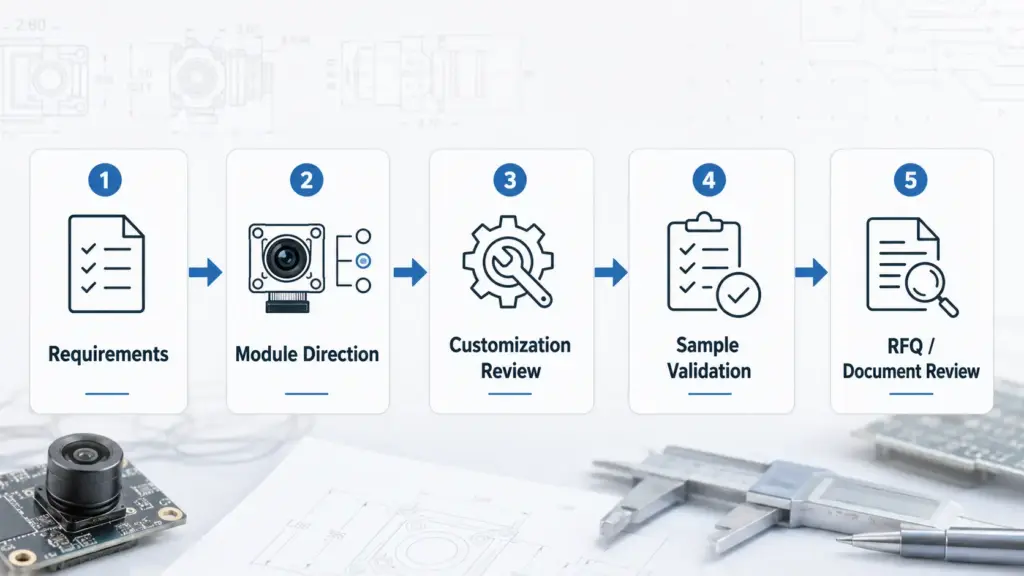 Flowchart showing requirement intake, module review, customization check, sample validation, and RFQ review for a USB camera module project