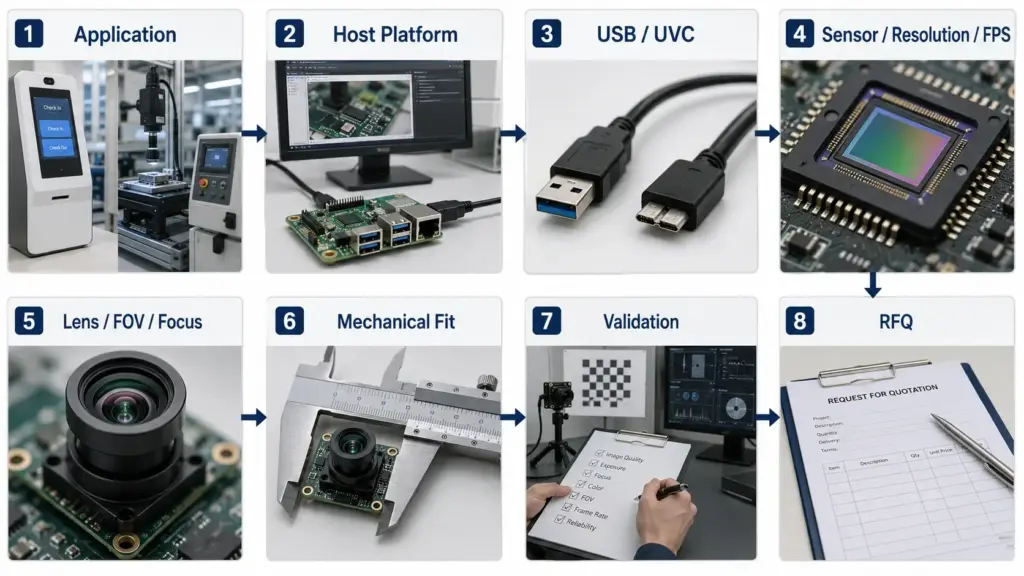 OEM USB Camera Module Selection Guide: Specs, Integration, and RFQ Checklist 1 Diagram showing OEM USB camera module selection from application needs to RFQ checklist
