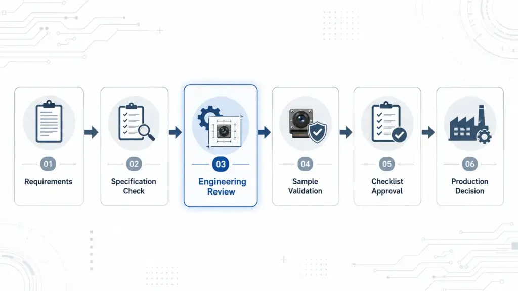 Custom High-Resolution USB Camera Module: Specs, Integration, and RFQ Checklist 3 Flowchart showing application details, target specs, drawings, quantity, documents, and technical review