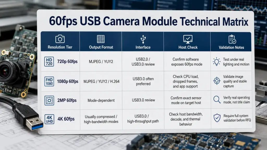 OEM Processing of 60fps USB Camera Modules: What to Confirm Before RFQ 2 Matrix showing how resolution, output format, USB interface, and host validation affect 60fps camera module selection.