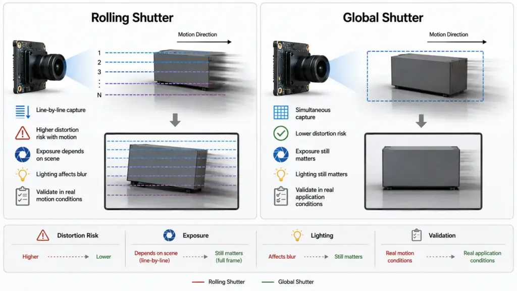 Mini Camera Module for Motion Video: Manufacturer Selection and RFQ Checklist 2 Diagram comparing rolling shutter distortion and global shutter capture for moving objects