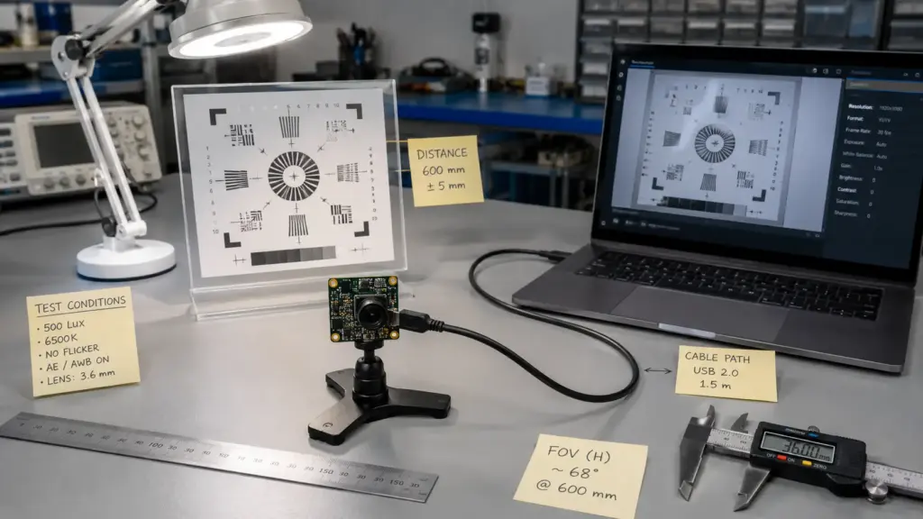 OEM Processing of 60fps USB Camera Modules: What to Confirm Before RFQ 3 USB camera module sample validation setup with host, cable, lighting, lens, and test target.