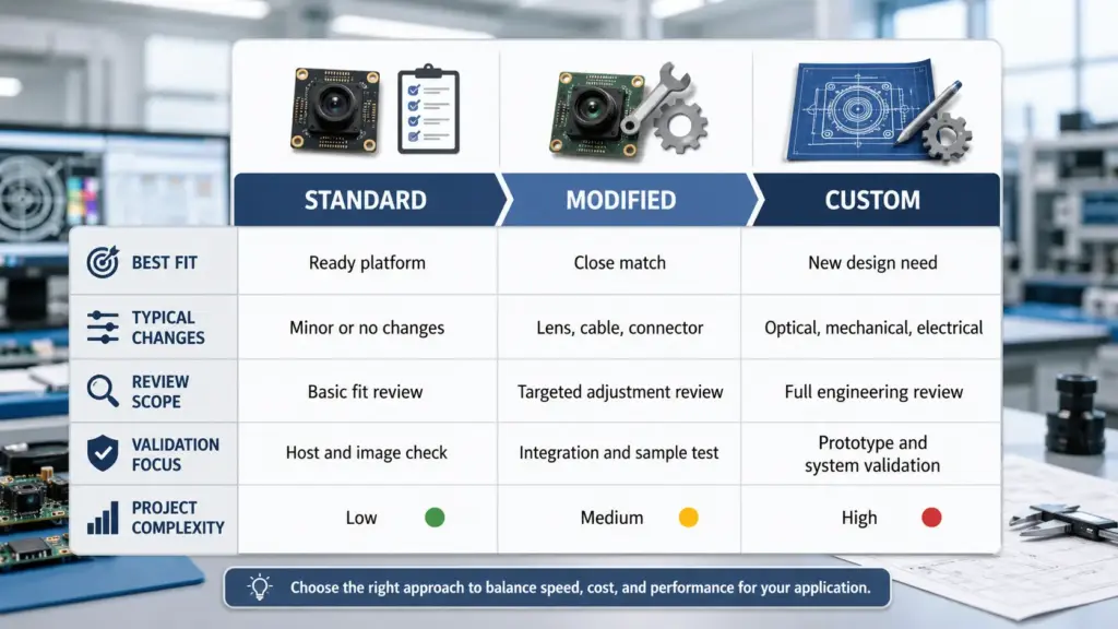 OEM Processing of Autofocus USB Camera Modules: RFQ and Validation Guide 2
Matrix comparing standard module, modified module, and full custom development paths