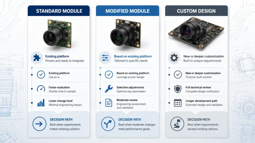 Custom Autofocus USB Camera Module: RFQ Checklist for OEM Projects 3 Decision table comparing standard, modified, and custom USB camera module project paths.