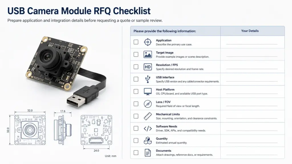 Checklist for USB camera module RFQ details including application, host, lens, cable, quantity, and documents.
