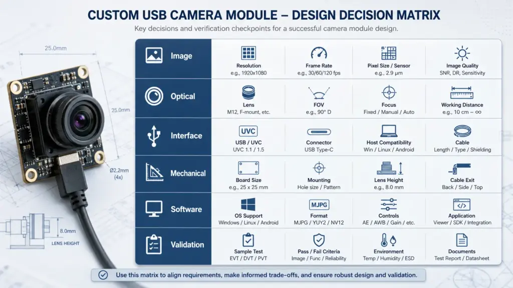 
Matrix connecting USB camera module requirements to sensor, lens, shutter, interface, cable, and host decisions