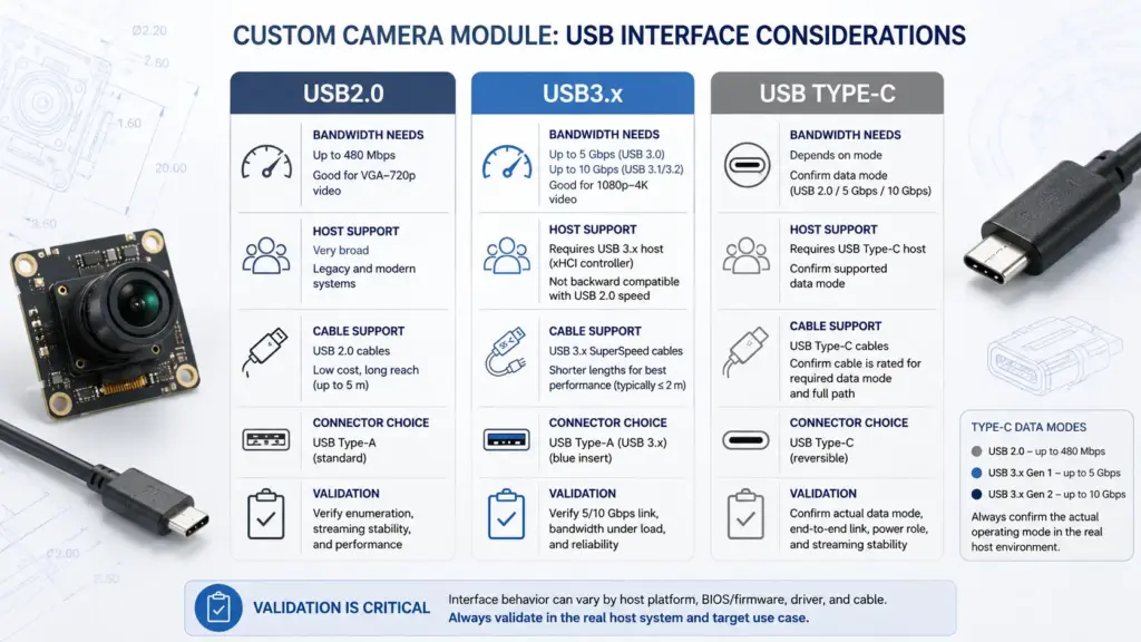 
Comparison of USB2.0, USB3.x, and USB Type-C considerations for camera module projects