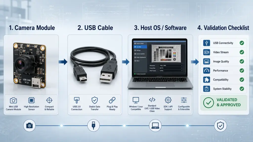 USB/UVC validation from module to cable, host, OS, software, and testing