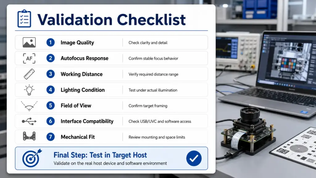 OEM Processing of Autofocus USB Camera Modules: RFQ and Validation Guide 4
Checklist graphic for confirming USB version, UVC expectation, operating system, software, output format, cable, and sample test