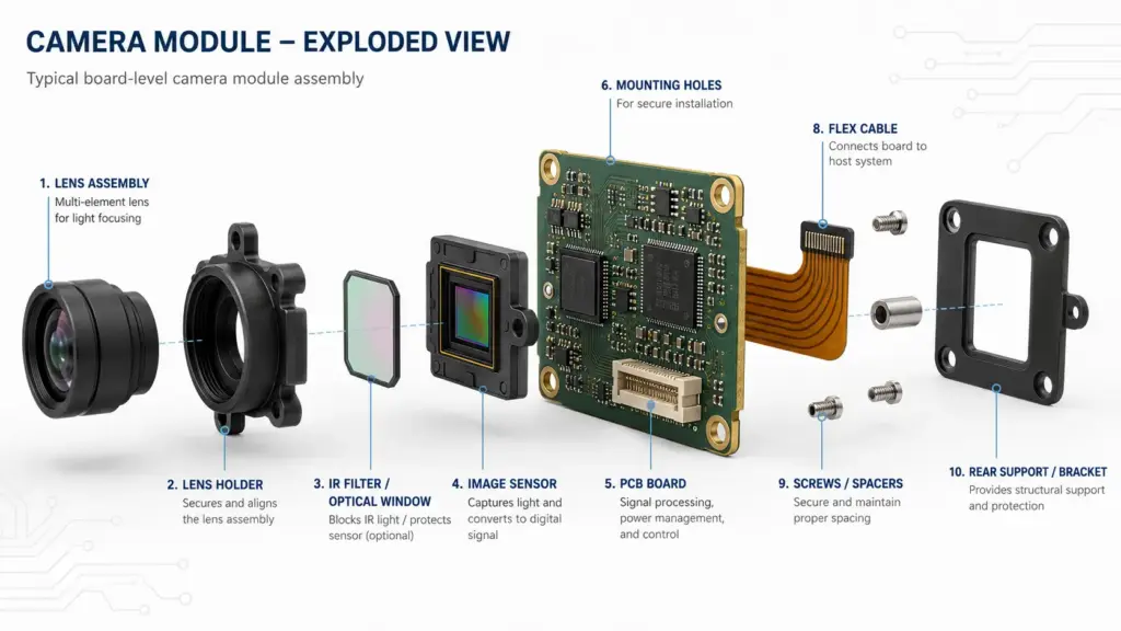 Custom High-Resolution USB Camera Module: Specs, Integration, and RFQ Checklist 2 Camera module diagram with review areas including lens, sensor, PCB, cable, connector, housing, and firmware