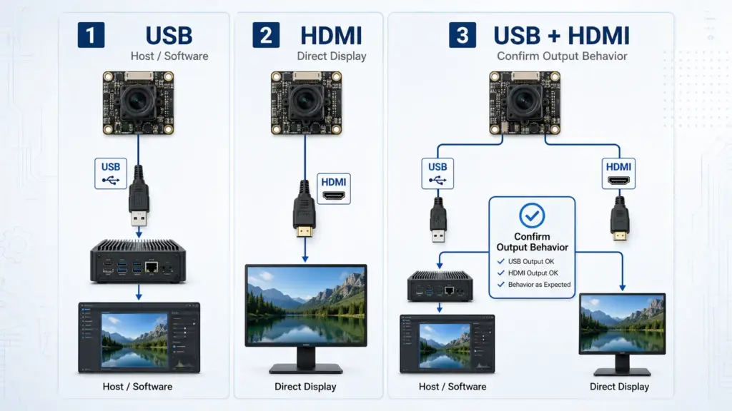 
Diagram comparing USB host workflow, HDMI display workflow, and USB plus HDMI confirmation path