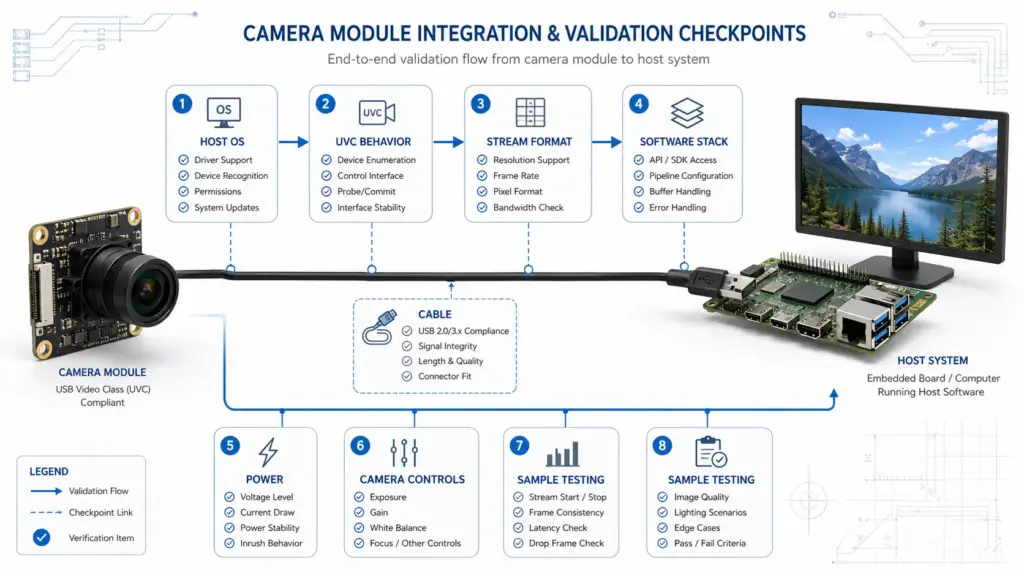 Custom Autofocus USB Camera Module: RFQ Checklist for OEM Projects 4 Diagram showing host OS, UVC behavior, stream format, software stack, cable, power, and sample testing checks.