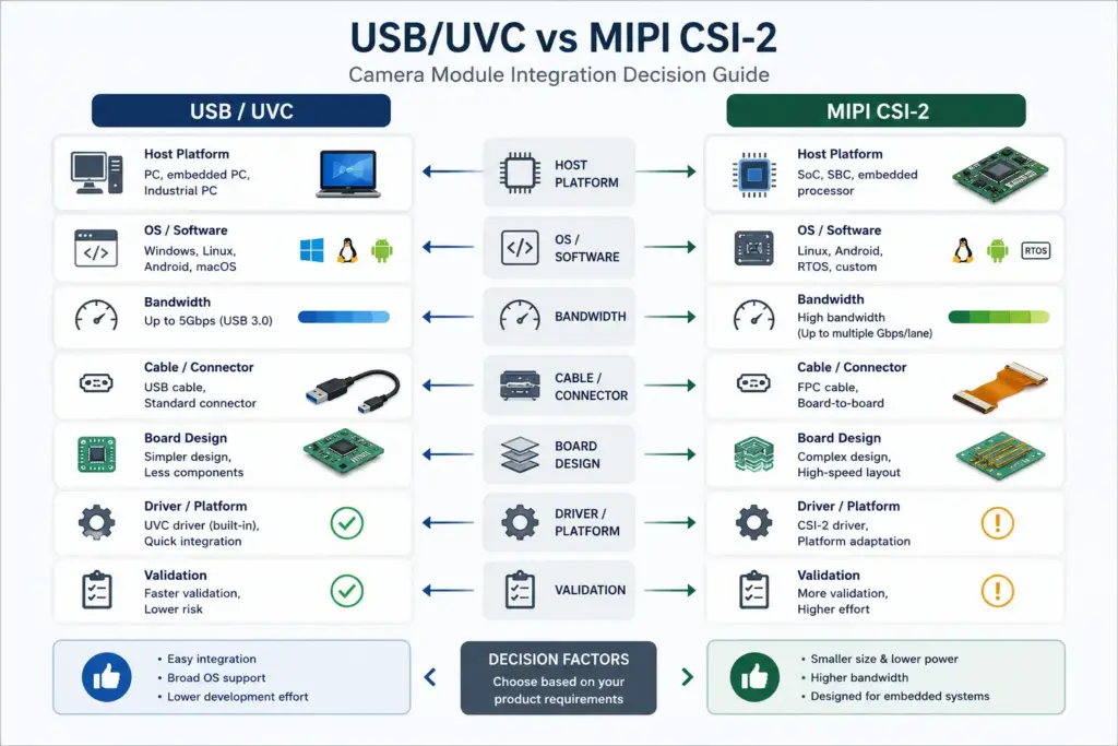 Custom Video Webcam Camera Module: Specs, Integration, and RFQ Checklist 2
Decision diagram comparing USB/UVC and MIPI camera module integration paths for custom webcam and embedded device projects.